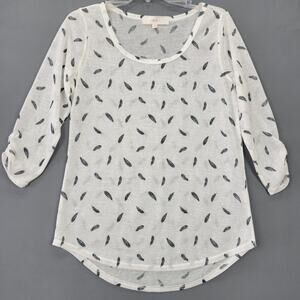 w.f. White Shirt Preppy Navy Feather Print Classic 3/4 Sleeves Womens Size L Top
